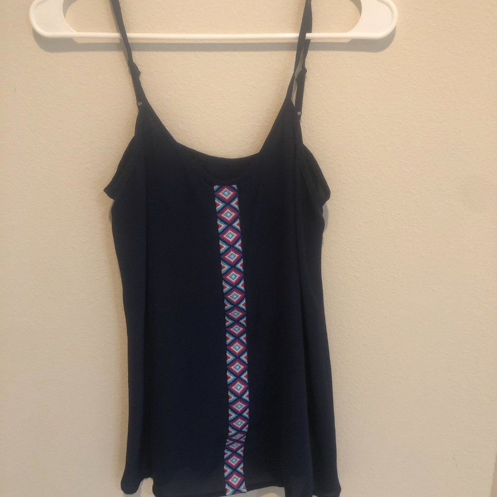 Navy Spaghetti Strap Flowy Top w/Braided Trim Accent